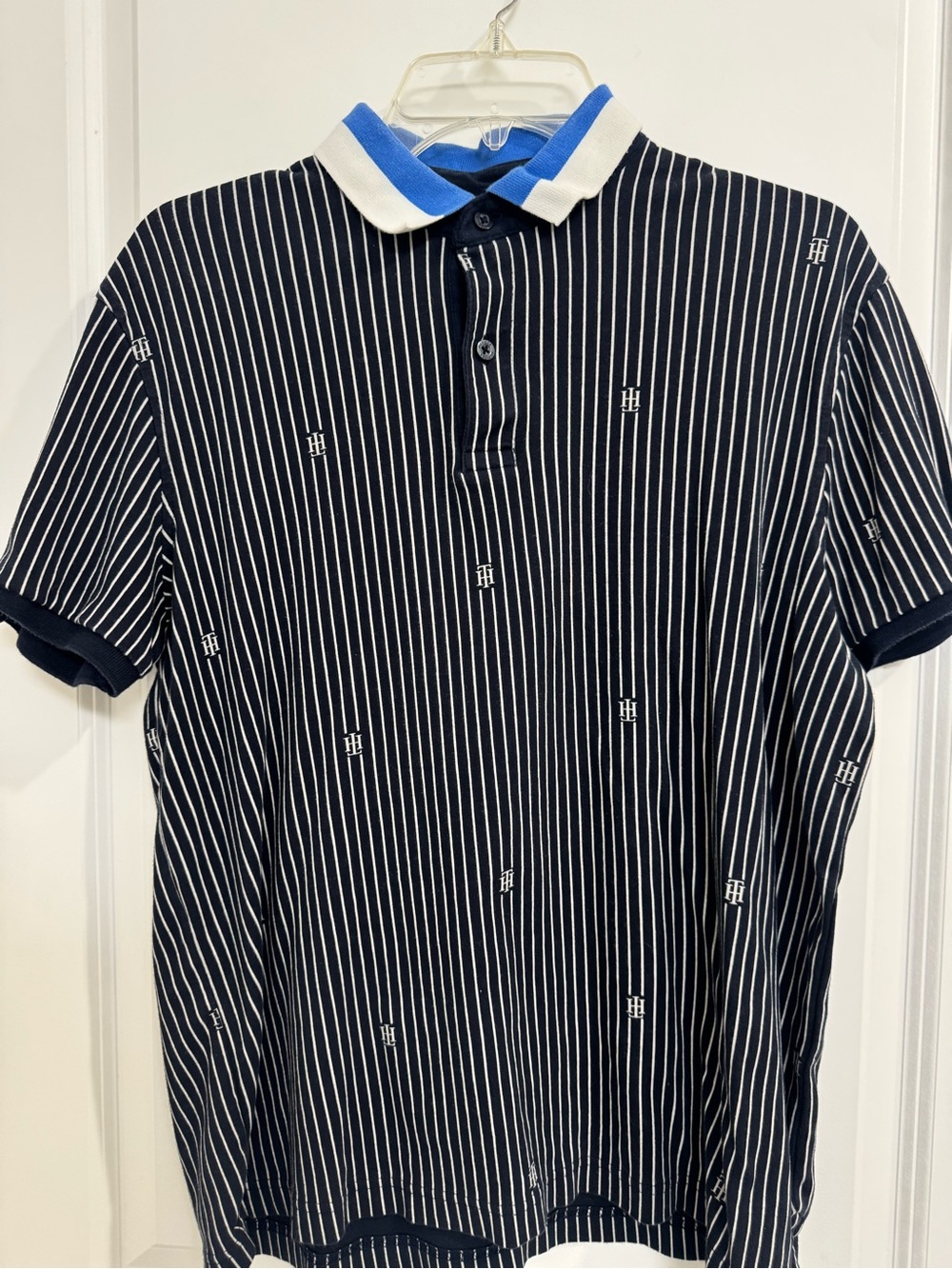 Tommy Hilfiger Navy Pinstripe Polo with White and Blue Collar